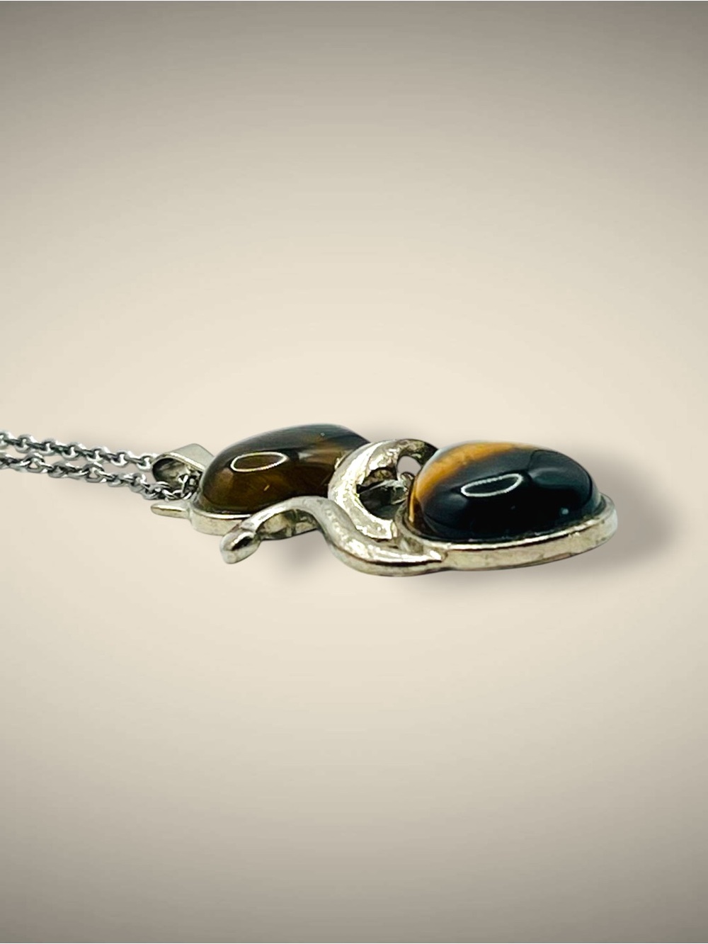 Cute Tiger Eye Natural Stone Cat Kitten Pendant Necklace Silver Tone - Picture 7 of 16
